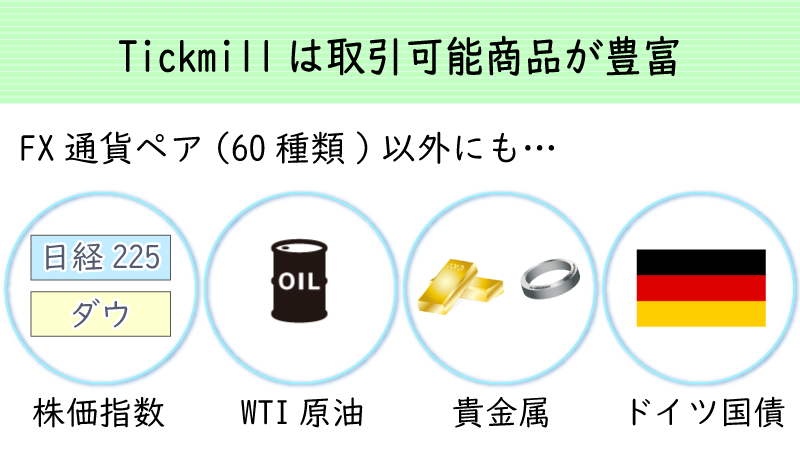 Tickmillは取引可能な商品を豊富に用意している